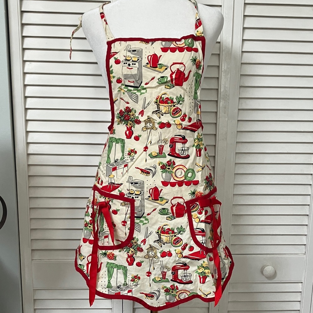 Vintage Kitchen Apron with Red Accents